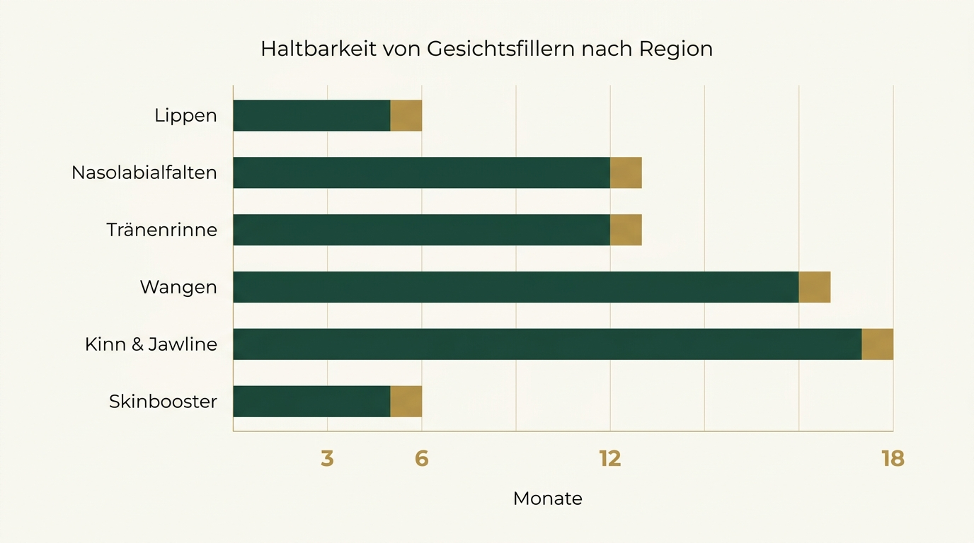Balkendiagramm: typische Haltbarkeit von Hyaluron-Fillern nach Behandlungsregion in Monaten